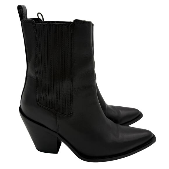 Mango MNG Cowboy Boho Black Pointed Western Leather Ankle Boots EU 38 US 7.5 - Picture 1 of 6